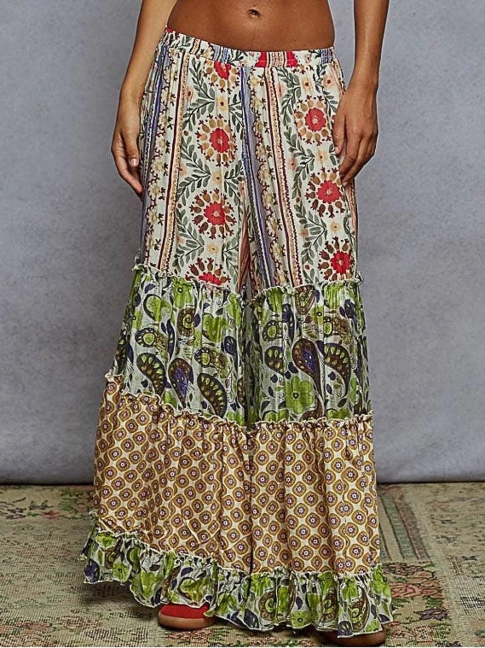 New POL Boho Hippie Colorful Print Patchwork Wide Leg Palazzo Pull On Pants